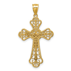 14k Polished Diamond-cut Fleur de Lis Filigree Fancy Crucifix Pendant