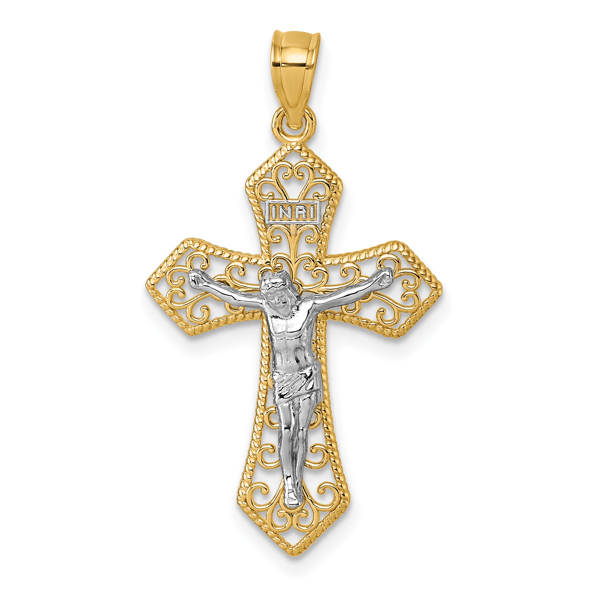 14k Two-tone Polished and Textured Filigree Passion Crucifix Pendant