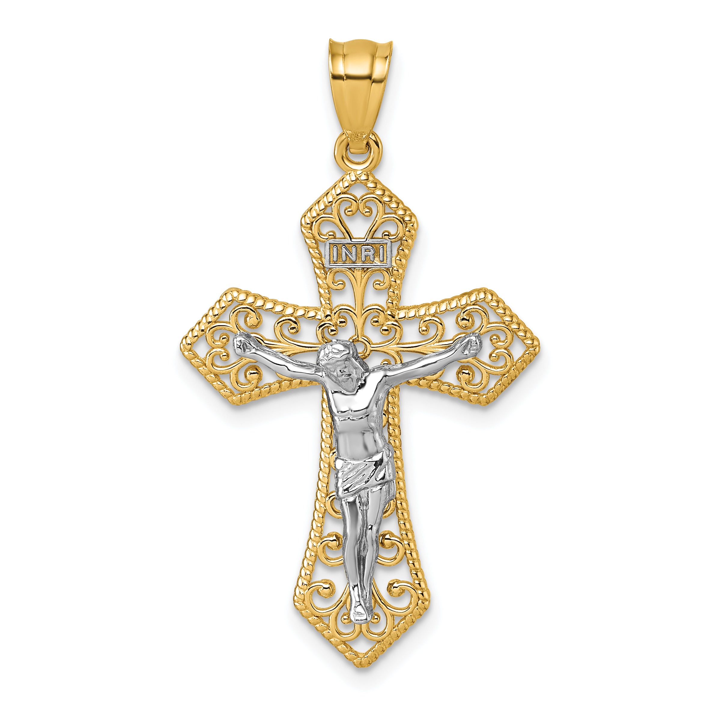 14k Two-tone Polished and Textured Filigree Passion Crucifix Pendant