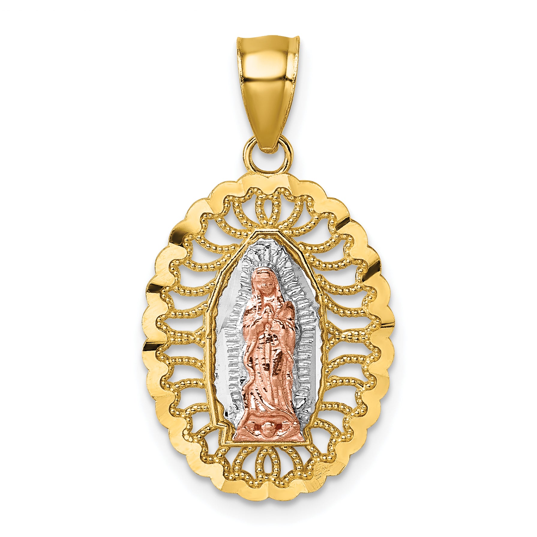 14k Polished Two-tone with White Rhodium Diamond-cut Pierced Design Our Lady of Guadalupe Pendant