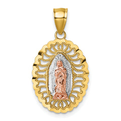 14k Polished Two-tone with White Rhodium Diamond-cut Pierced Design Our Lady of Guadalupe Pendant