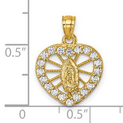 14k Polished CZ Heart Pierced Design Our Lady of Guadalupe Pendant