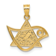 14k Polished and Textured CZ Bird and Triangle Star of David Pendant