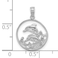 14K White Gold Double Dolphin Circle Pendant
