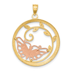 14k Two-tone with White Rhodium Butterfly in Circle Pendant