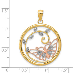 14k Two-tone with White Rhodium Butterfly in Circle Pendant