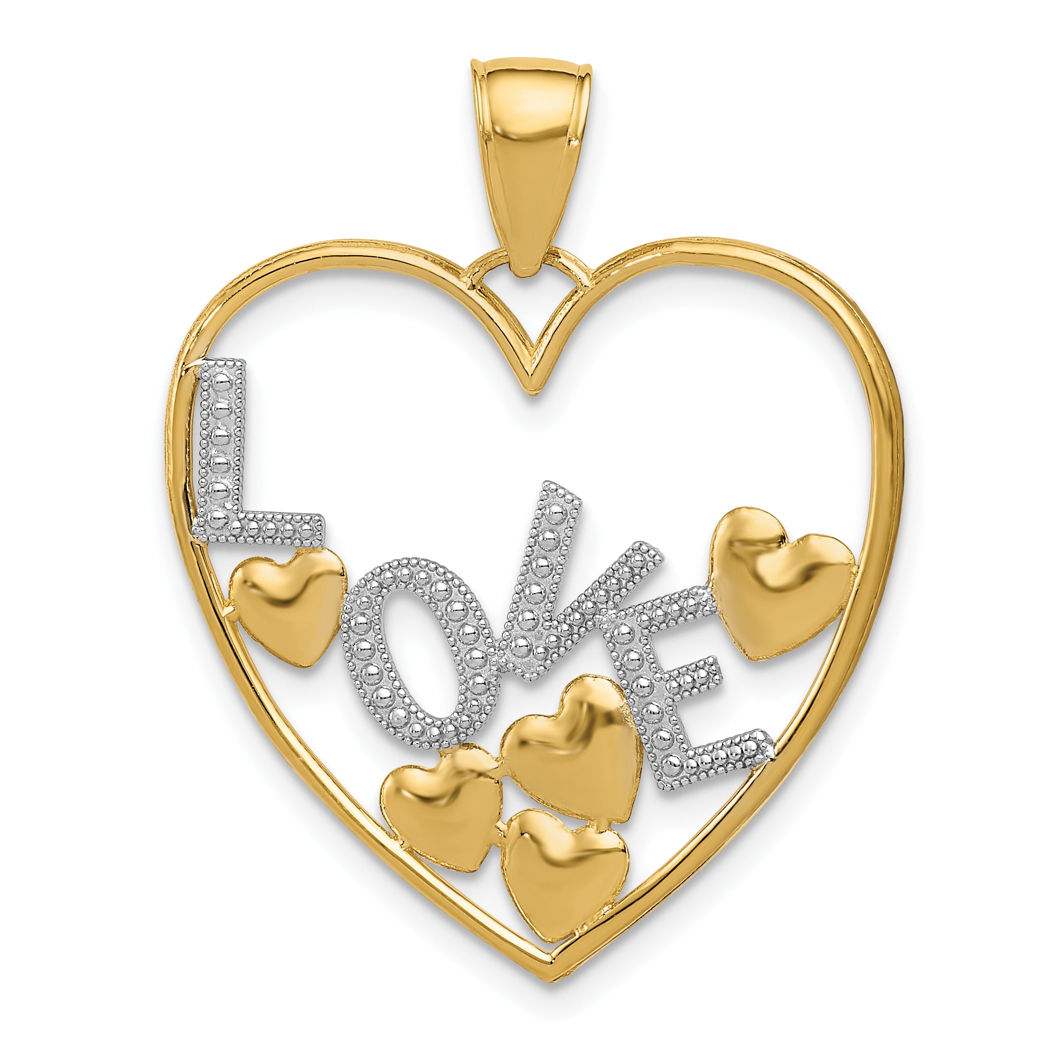 14K and White Rhodium LOVE and Floating Hearts Pendant