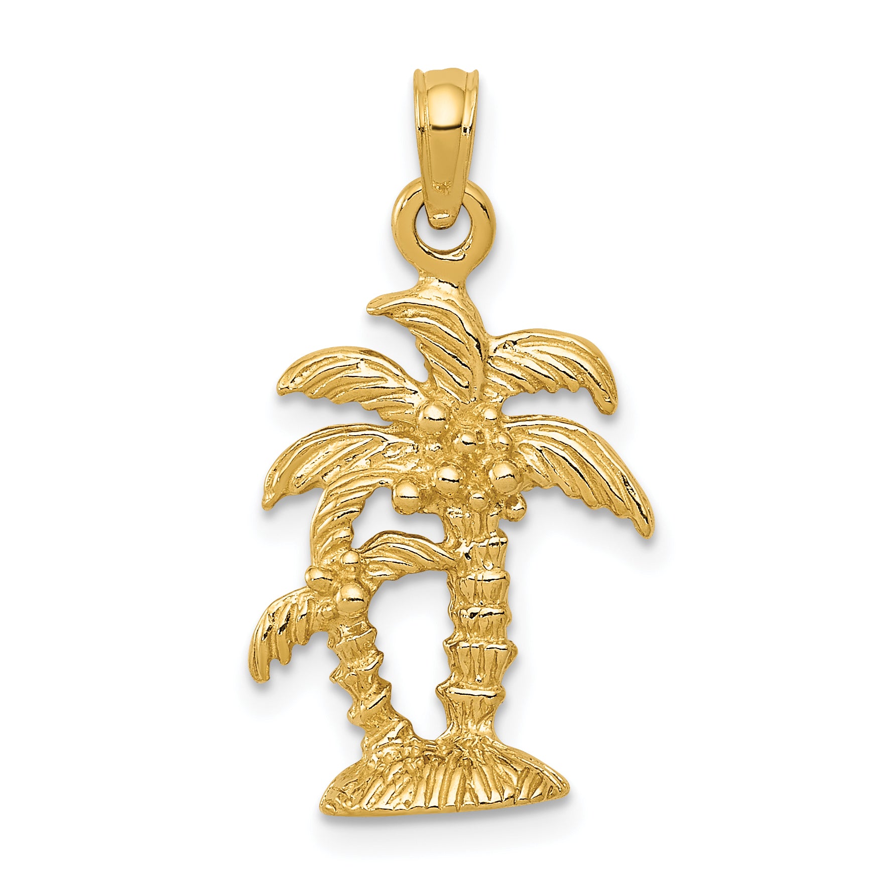 14K Gold Polished / Textured Double Palm Trees Pendant