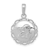 14K White Gold Polished Angel/Cherub on Round Scallop Frame Pendant