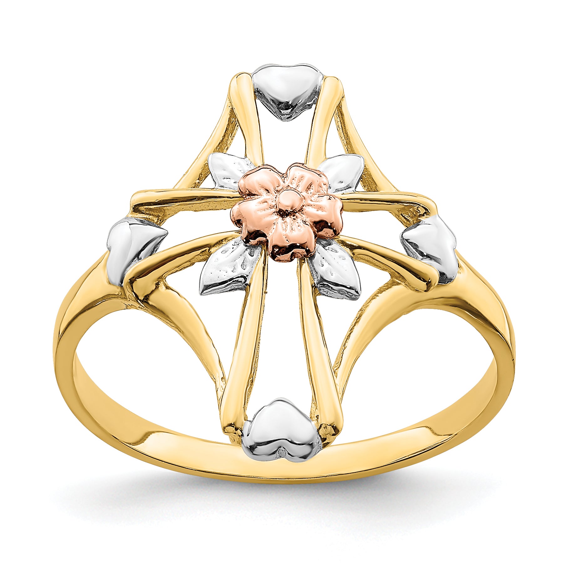 14K Two-tone W/White Rhodium Polished Cross w/Flower Ring
