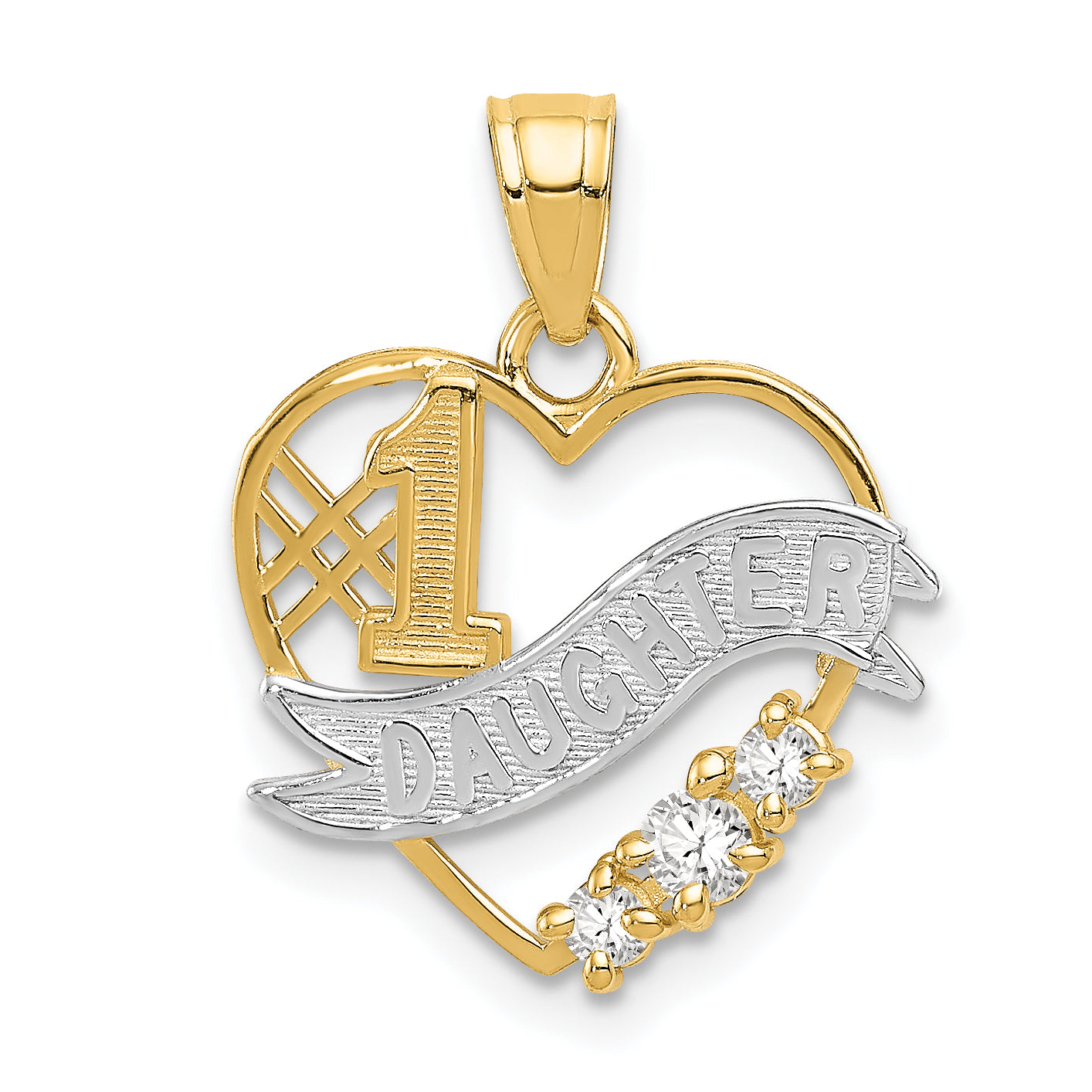 14k and White Rhodium CZ #1 DAUGHTER Heart Pendant