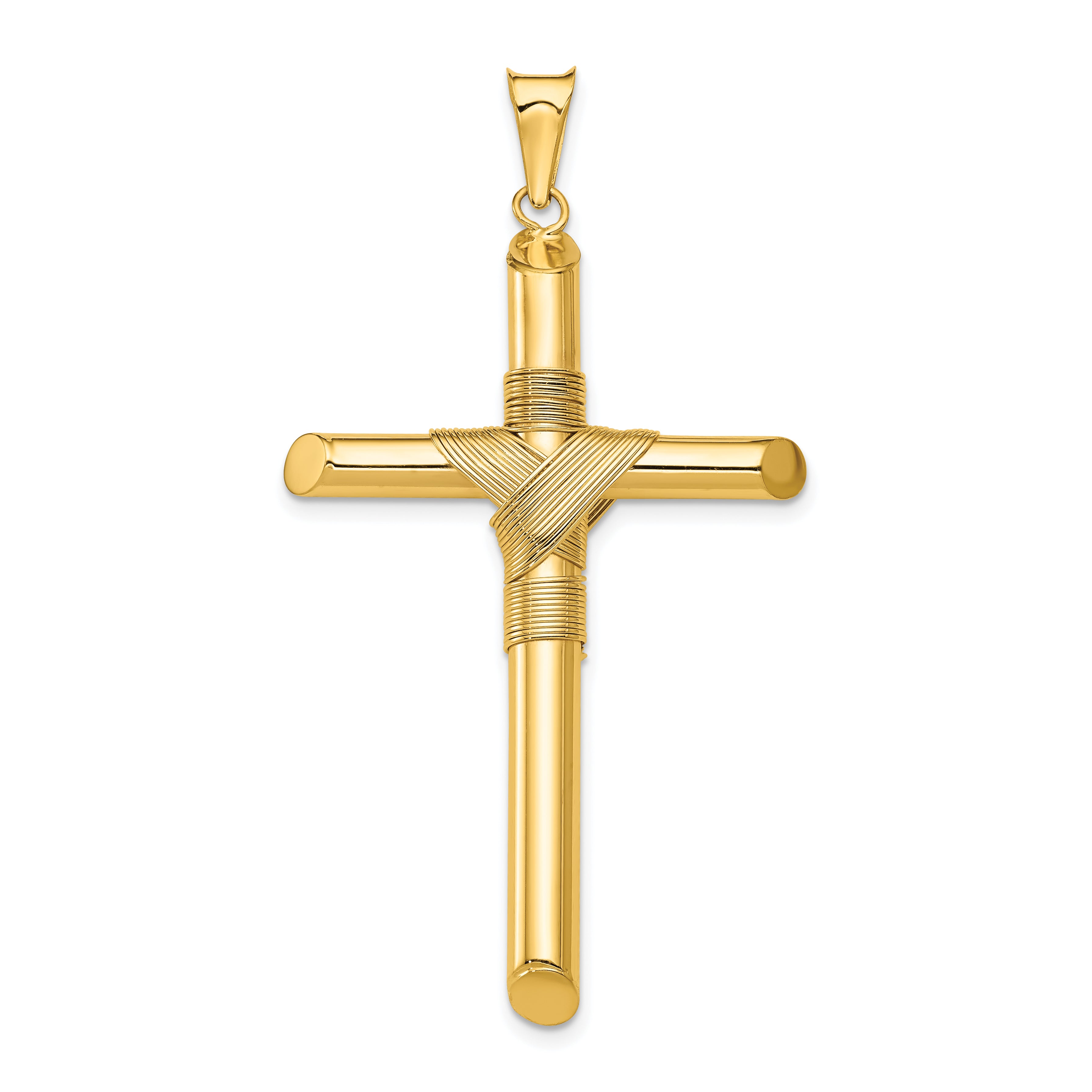 14K Polished with Center Wrap Tube Cross Pendant