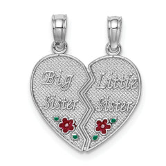 14K White Gold Enamel BIG-LITTLE SISTER Break Apart Heart Charm