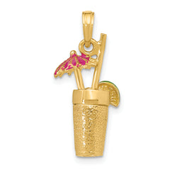 14K 3-D Cocktail Drink w/Fuschia Enamel Umbrella and Lime Charm