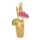 14K 3-D Cocktail Drink w/Fuschia Enamel Umbrella and Lime Charm