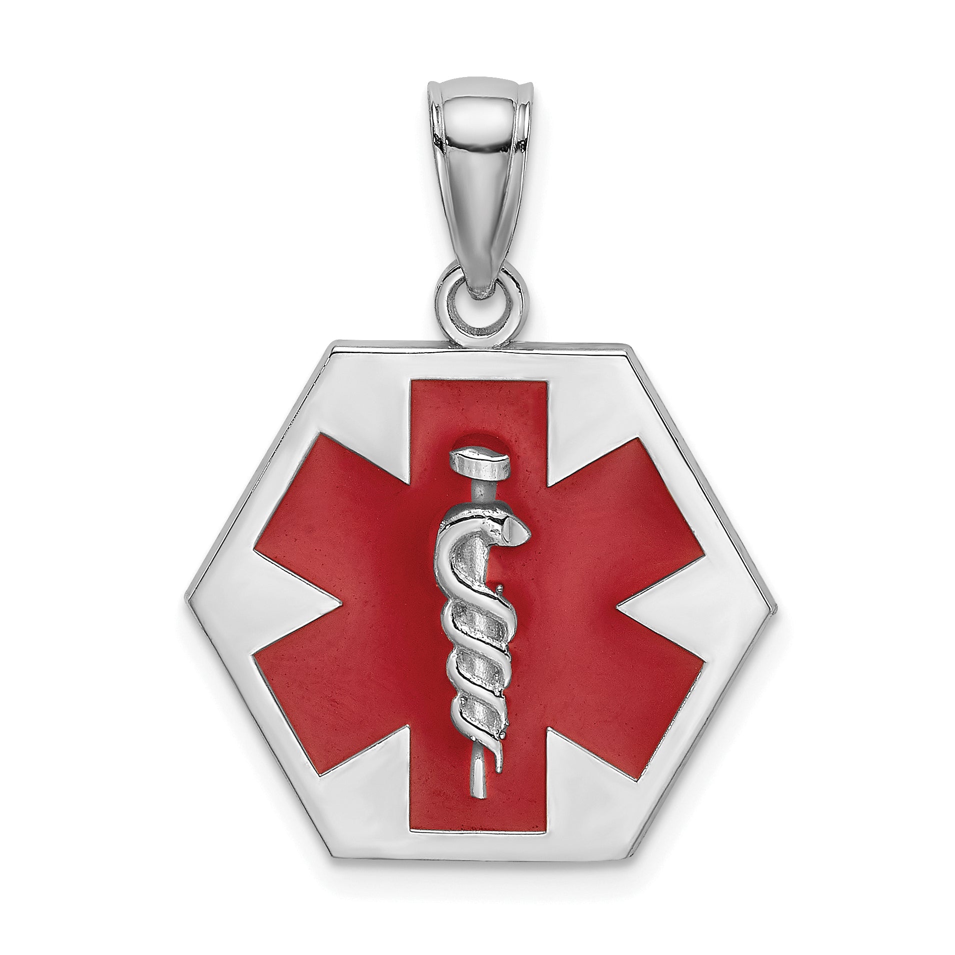 14K White Gold Enameled Textured Back Caduceus Medical Disc