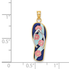 14K Rhodium 3D Enamel Pink Flowers On Blue Stripes Flip-Flop Charm