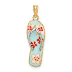 14K w/Rhodium 3D Enamel Fuschia and White Flowers On Aqua Flip-Flop Charm