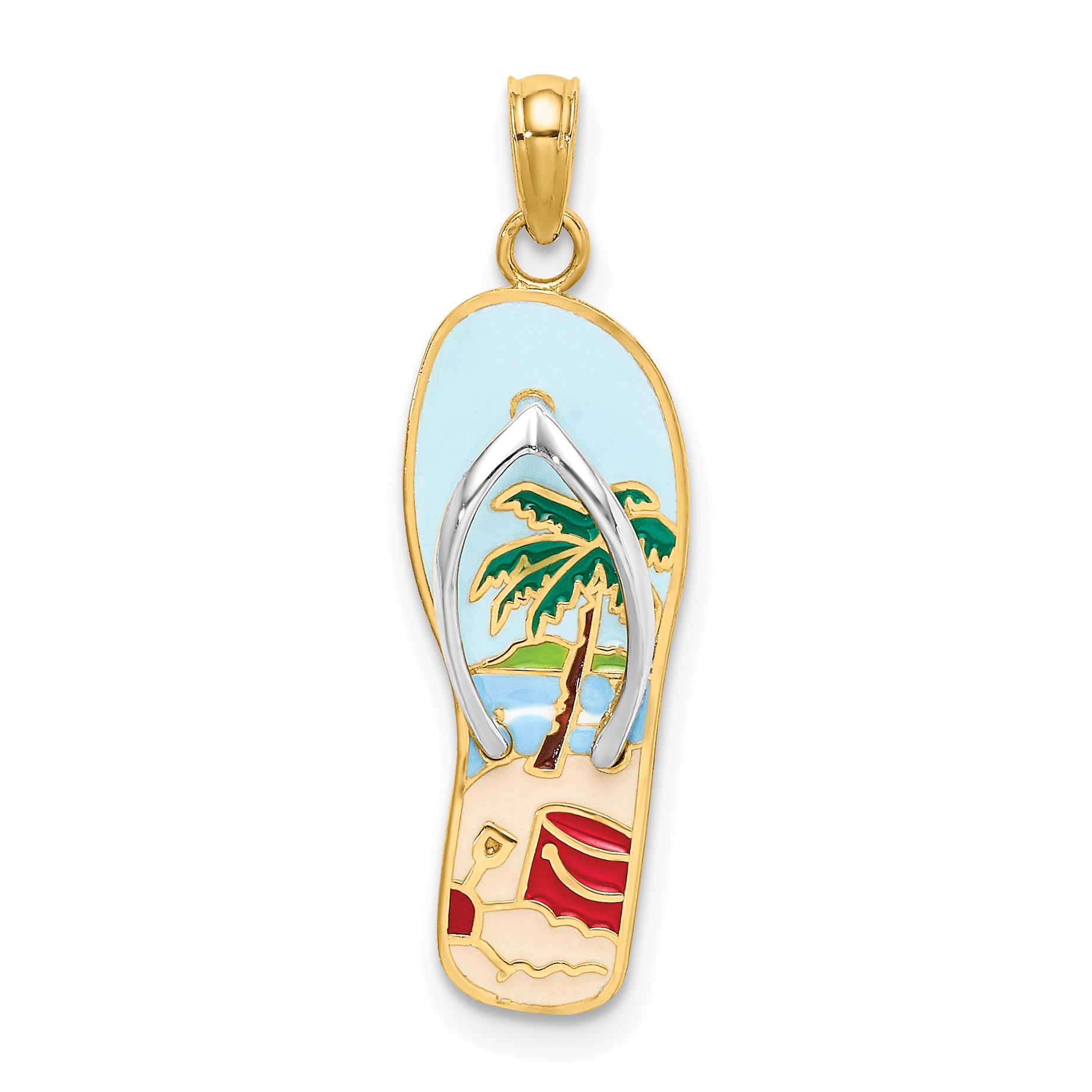14K w/Rhodium 3D Enamel Palm Tree and Bucket Flip-Flop Charm