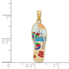 14K w/Rhodium Multi-Colored 3D Enamel Beach Scene On Flip-Flop Charm