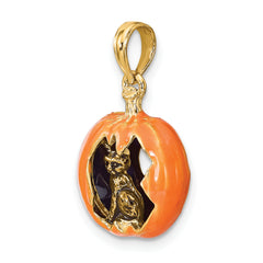 14K 3-D Enameled Pumpkin w/Black Cat and Moon Charm