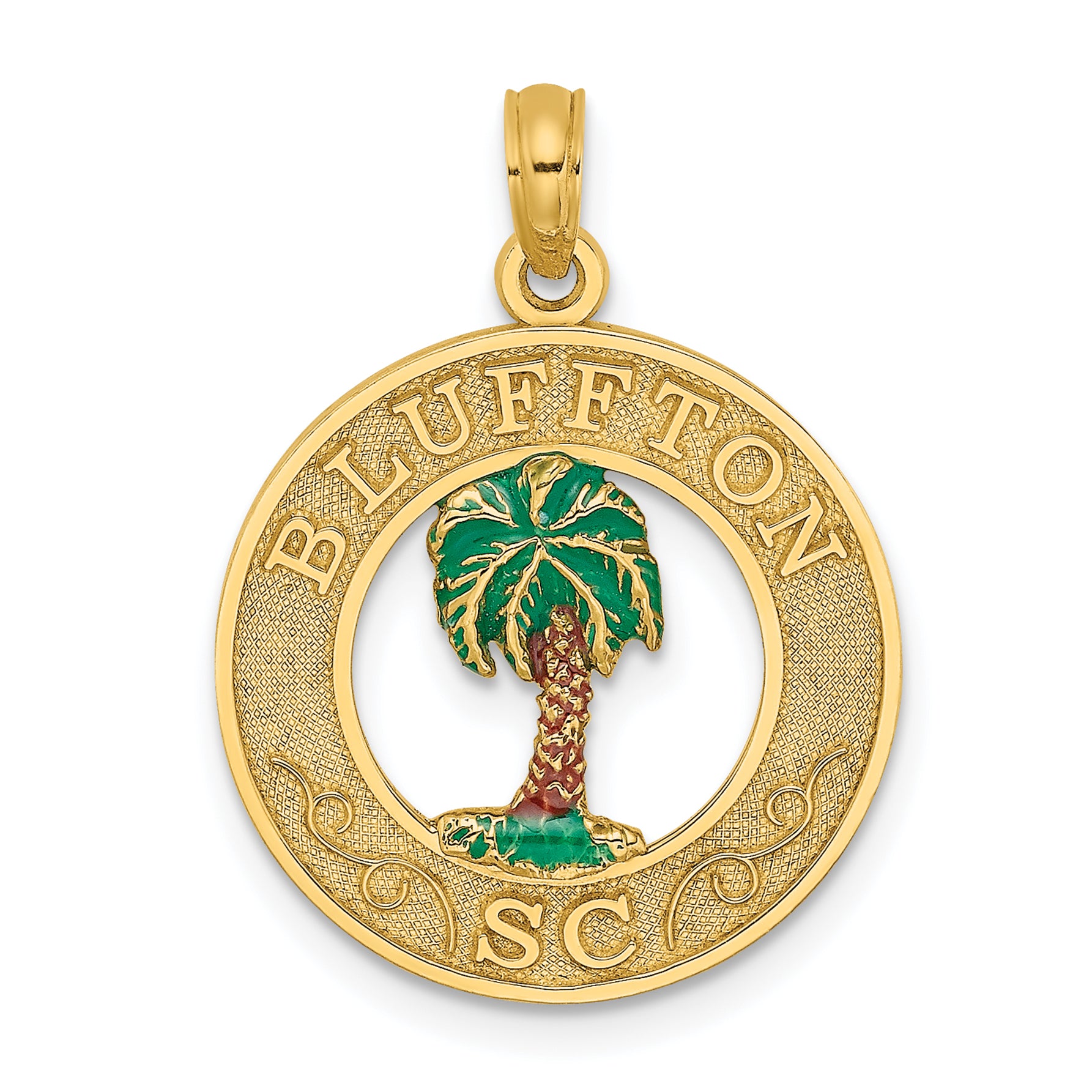 14K BLUFFTON SC Circle Enameled Palm Tree Charm