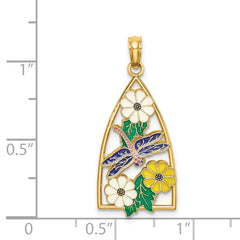 14K Enamel Dragonfly and Flowers Triangle Charm