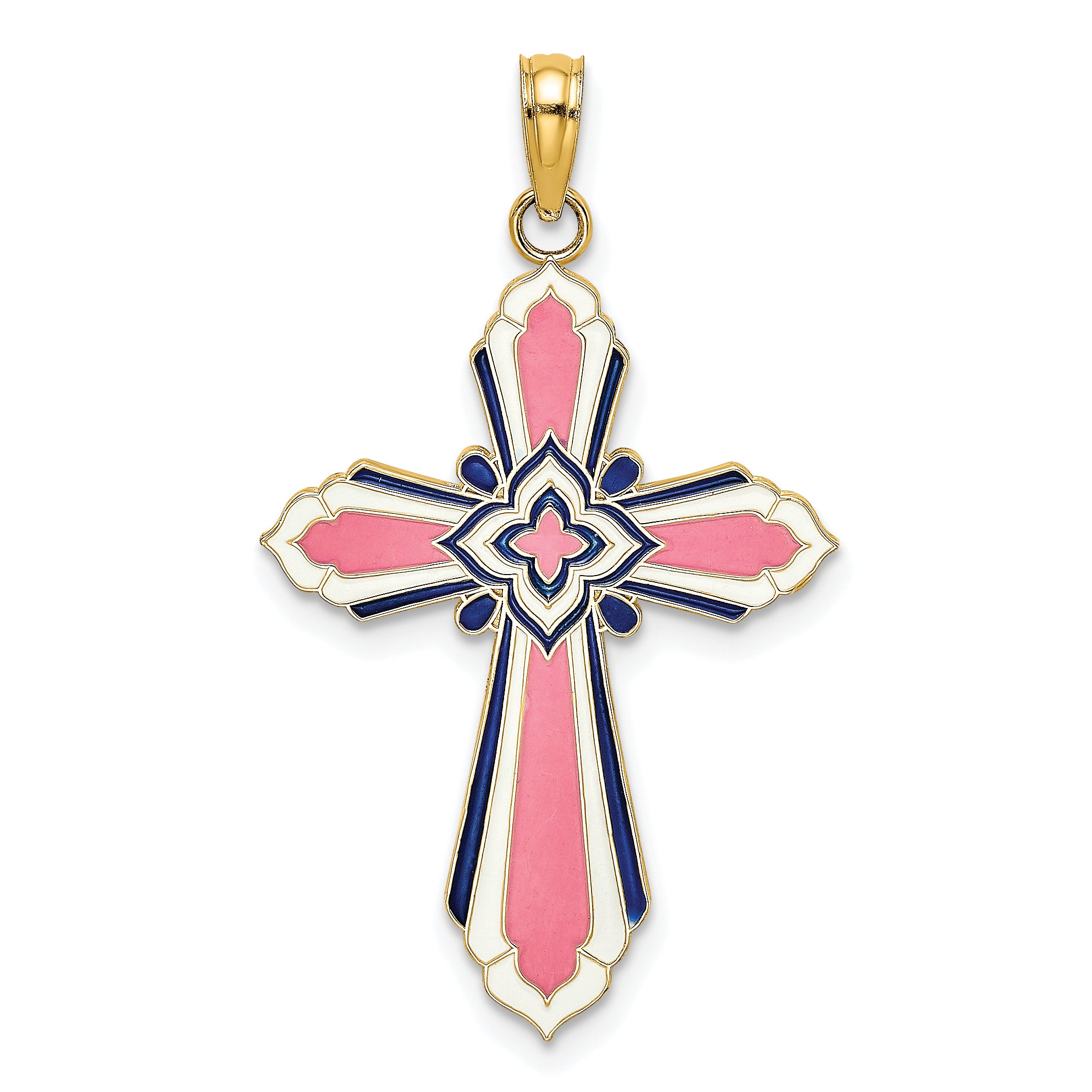 14K 3-D W/ Pink and White Enamel Cross Charm