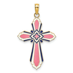14K 3-D W/ Pink and White Enamel Cross Charm