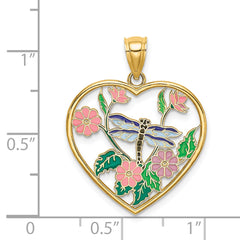 14K Enamel Dragonfly and Flower in Heart Charm