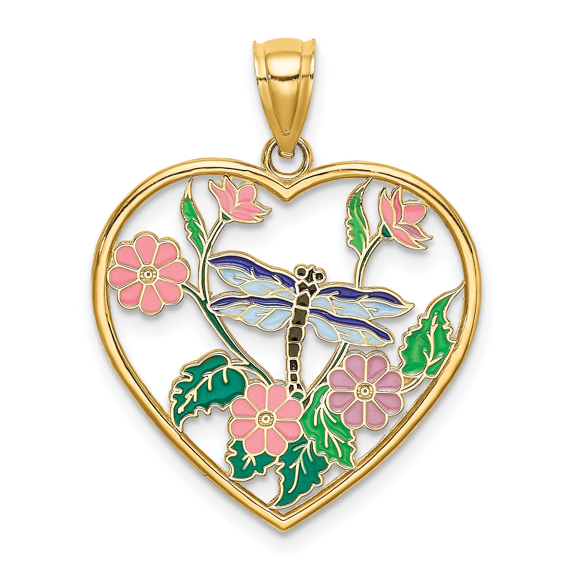 14K Enamel Dragonfly and Flower in Heart Charm