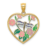 14K Enamel Dragonfly and Flower in Heart Charm