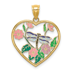 14K Enamel Dragonfly and Flower in Heart Charm