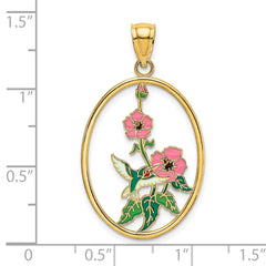 14K w/ Enamel Hummingbird and Flowers In Oval Frame Charm