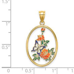 14K Enamel White Butterfly In Oval w/ Orange Flowers Charm