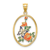 14K Enamel White Butterfly In Oval w/ Orange Flowers Charm