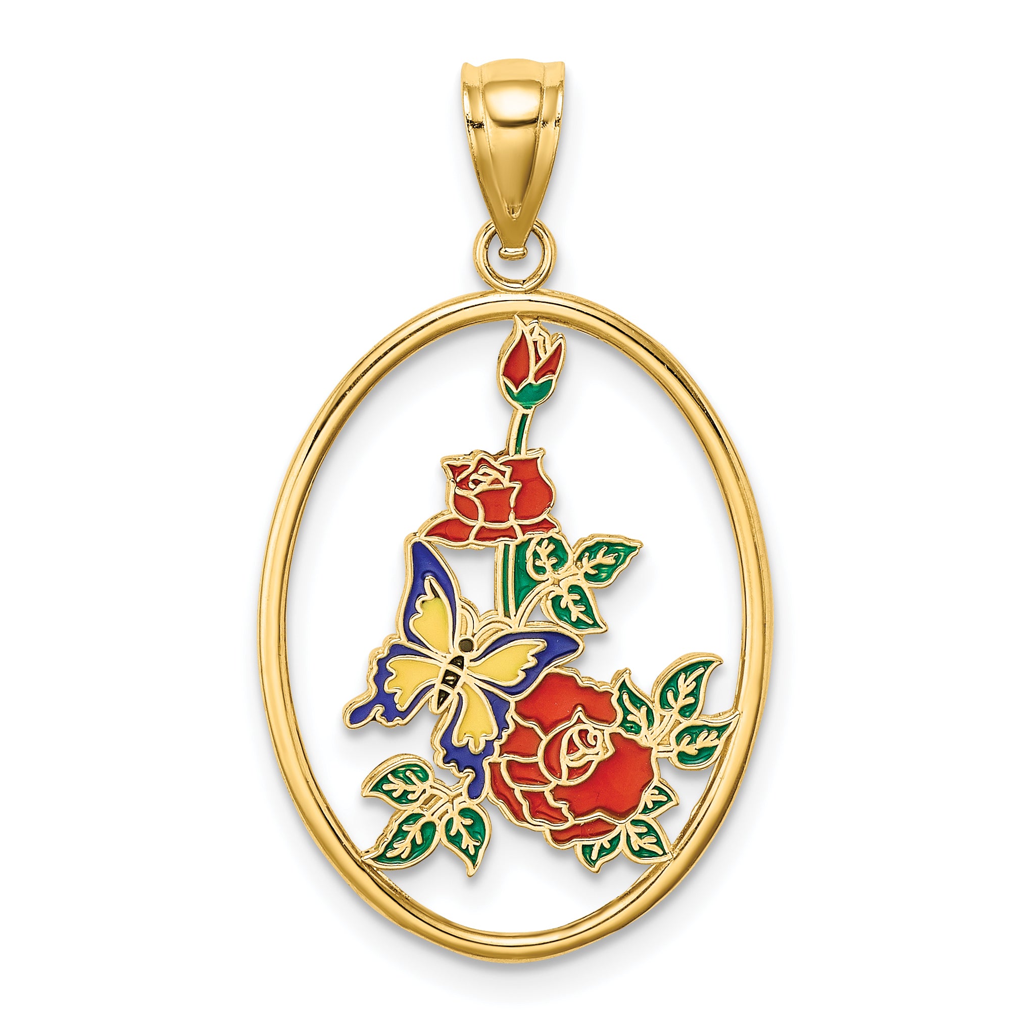 14K Enamel Yellow Butterfly in Oval Red Flower Charm
