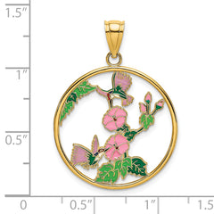 14K w/ Enamel Hummingbirds and Flowers In Circle Charm