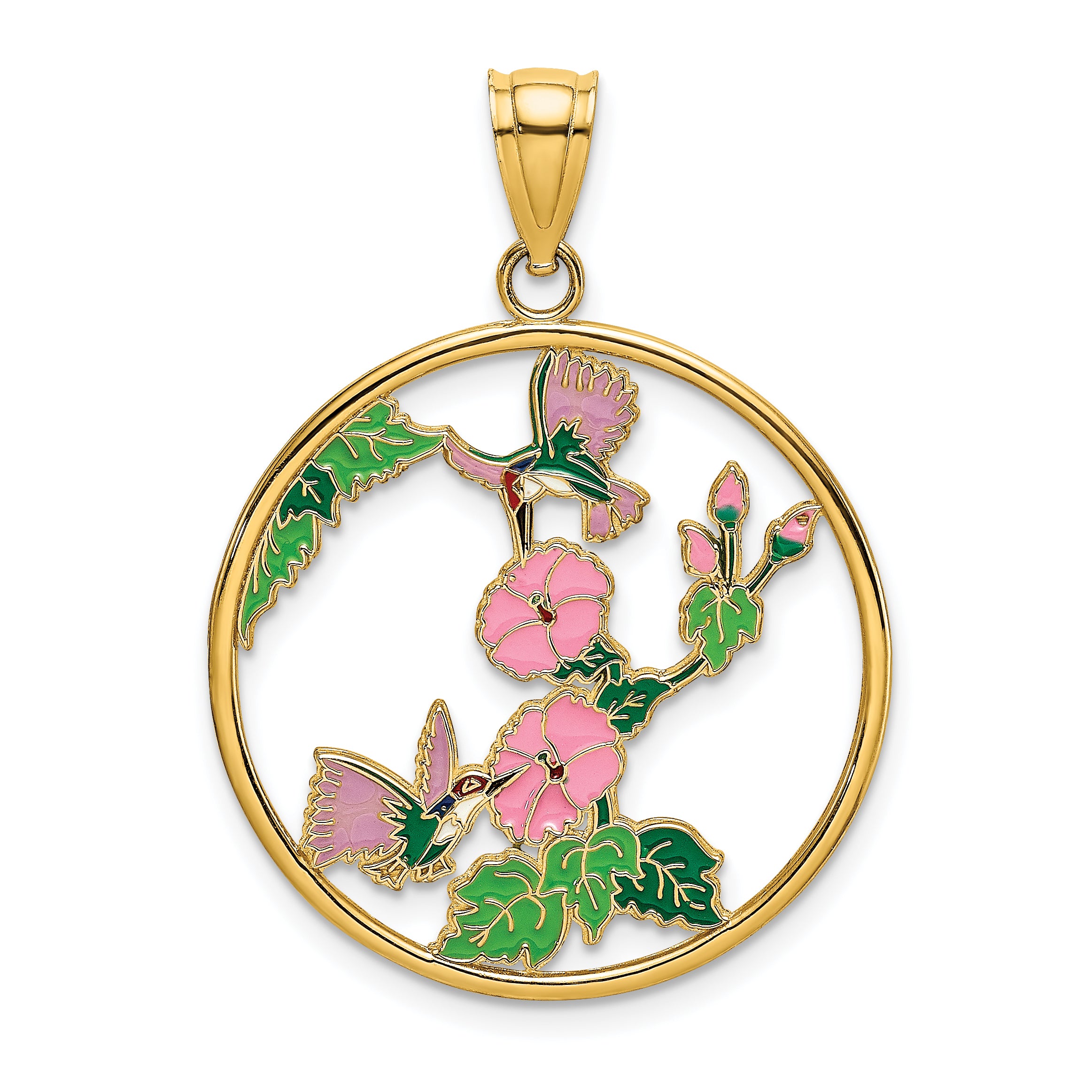 14K w/ Enamel Hummingbirds and Flowers In Circle Charm