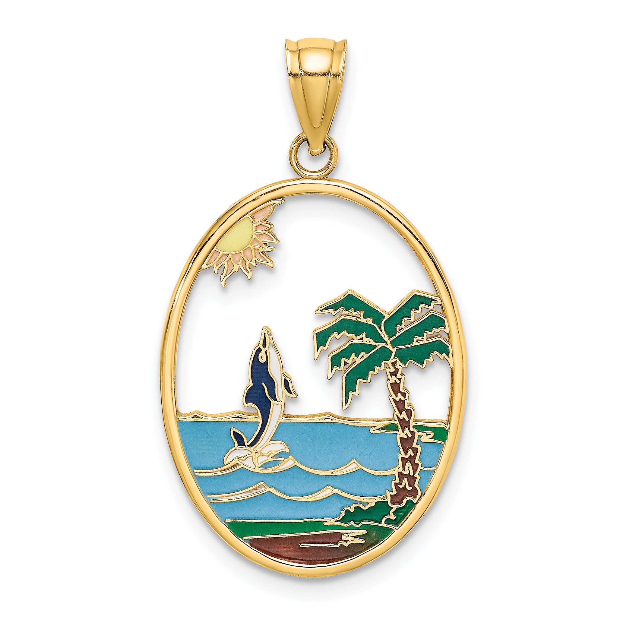 14K Enamel Dolphin Jumping In Beach Scene Charm