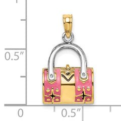 14K & Rhodium 3-D Pink Enameled Handbag Opens Charm