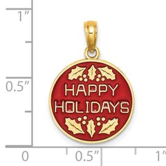 14K w/ Enamel HAPPY HOLIDAYS w/ Holly On Round Disc Charm