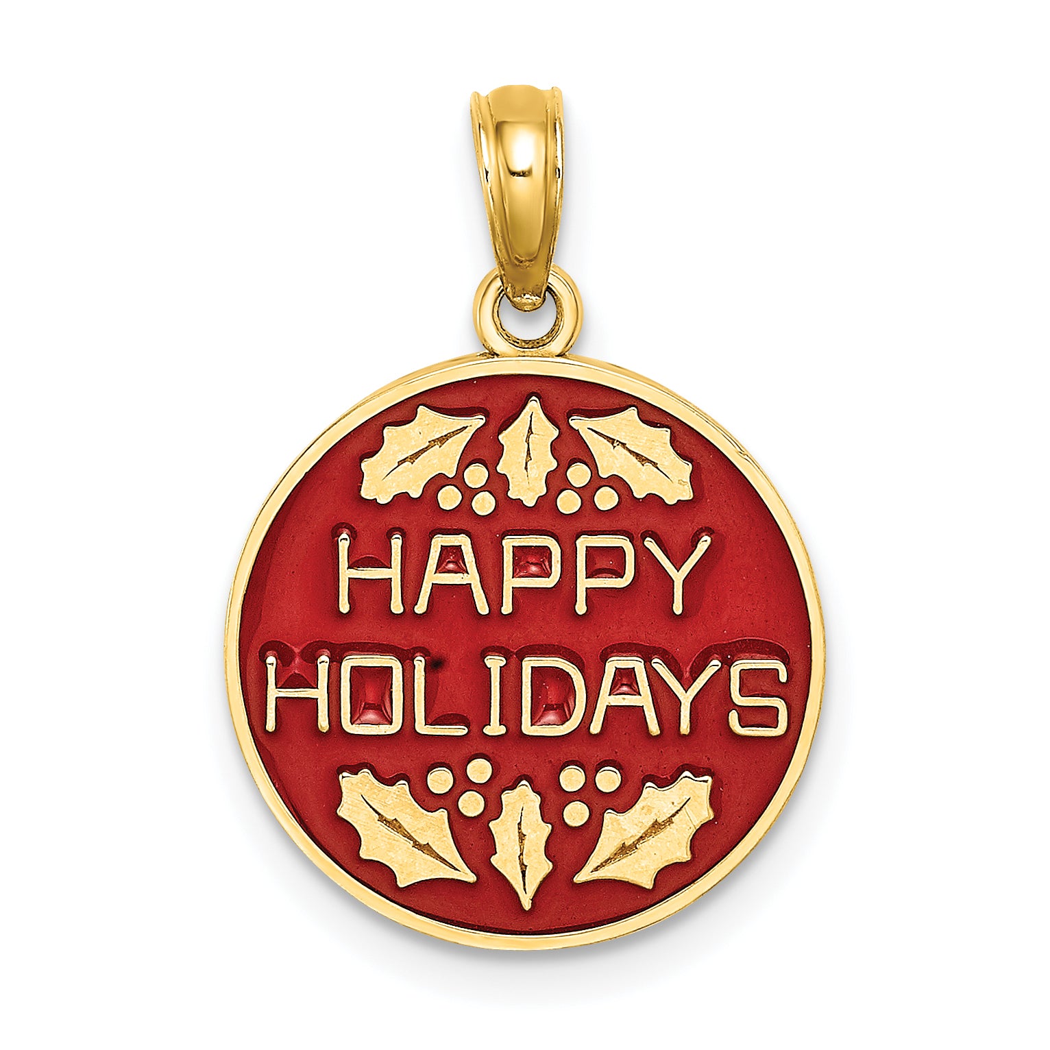 14K w/ Enamel HAPPY HOLIDAYS w/ Holly On Round Disc Charm