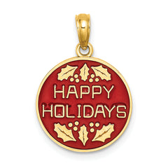 14K w/ Enamel HAPPY HOLIDAYS w/ Holly On Round Disc Charm
