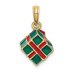 14K 3-D w/Enamel Green Gift Box w/Red Bow Charm