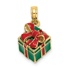 14K 3-D w/Enamel Green Gift Box w/Red Bow Charm