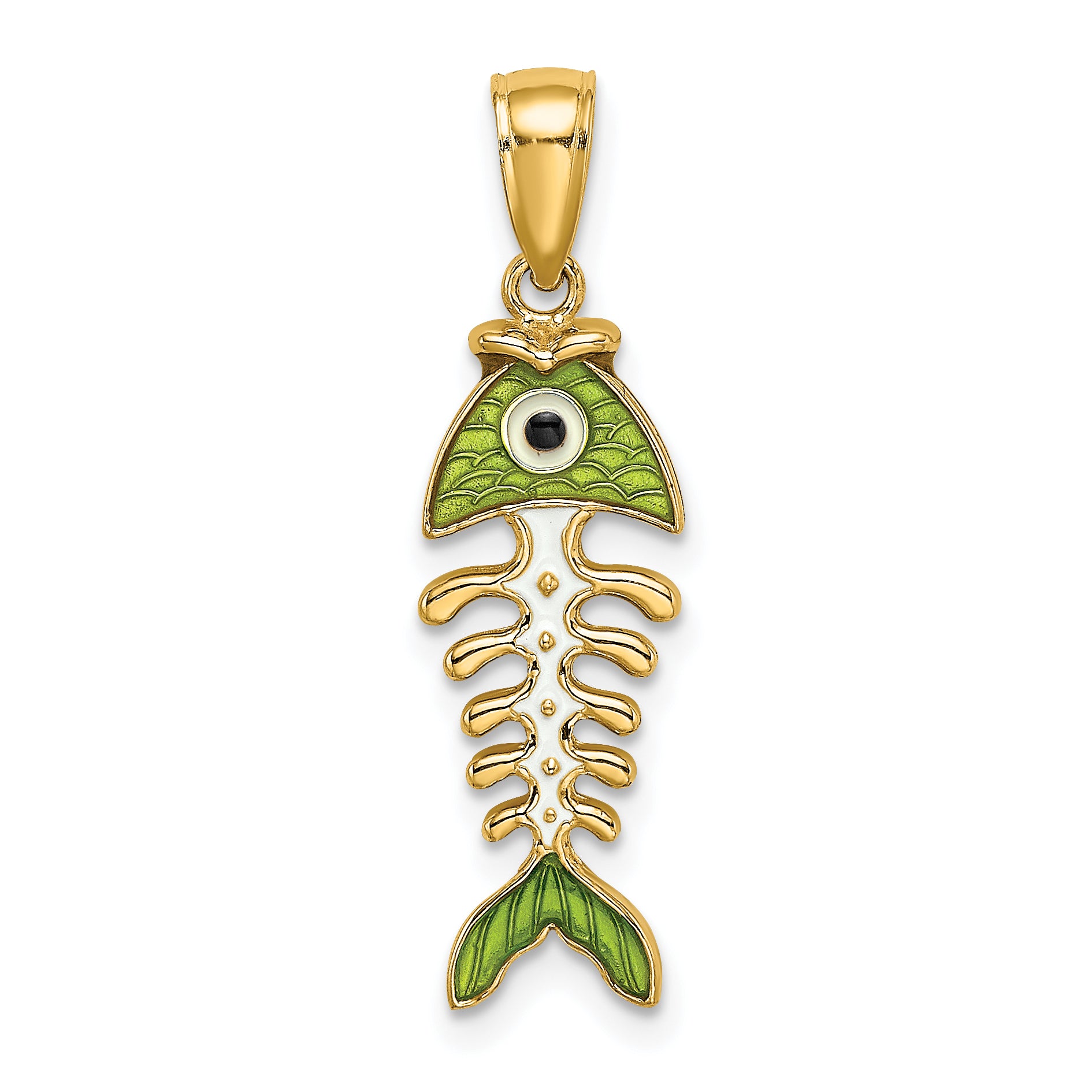 14k 3D Green Enamel Fish Bone Charm