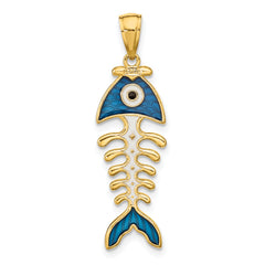 14k 3D Blue Enamel Fish Bone Pendant