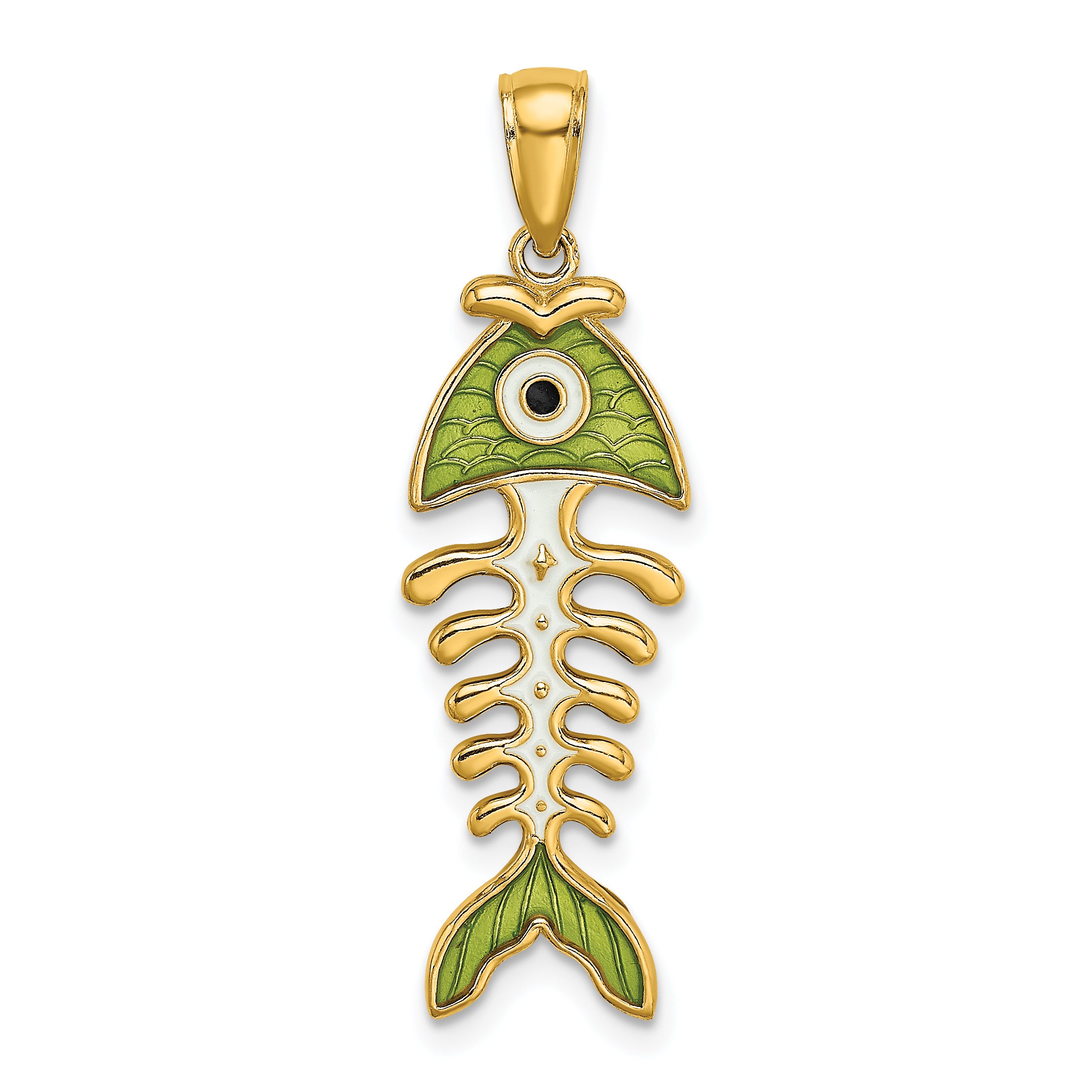 14k 3D Green Enamel Fish Bone Charm