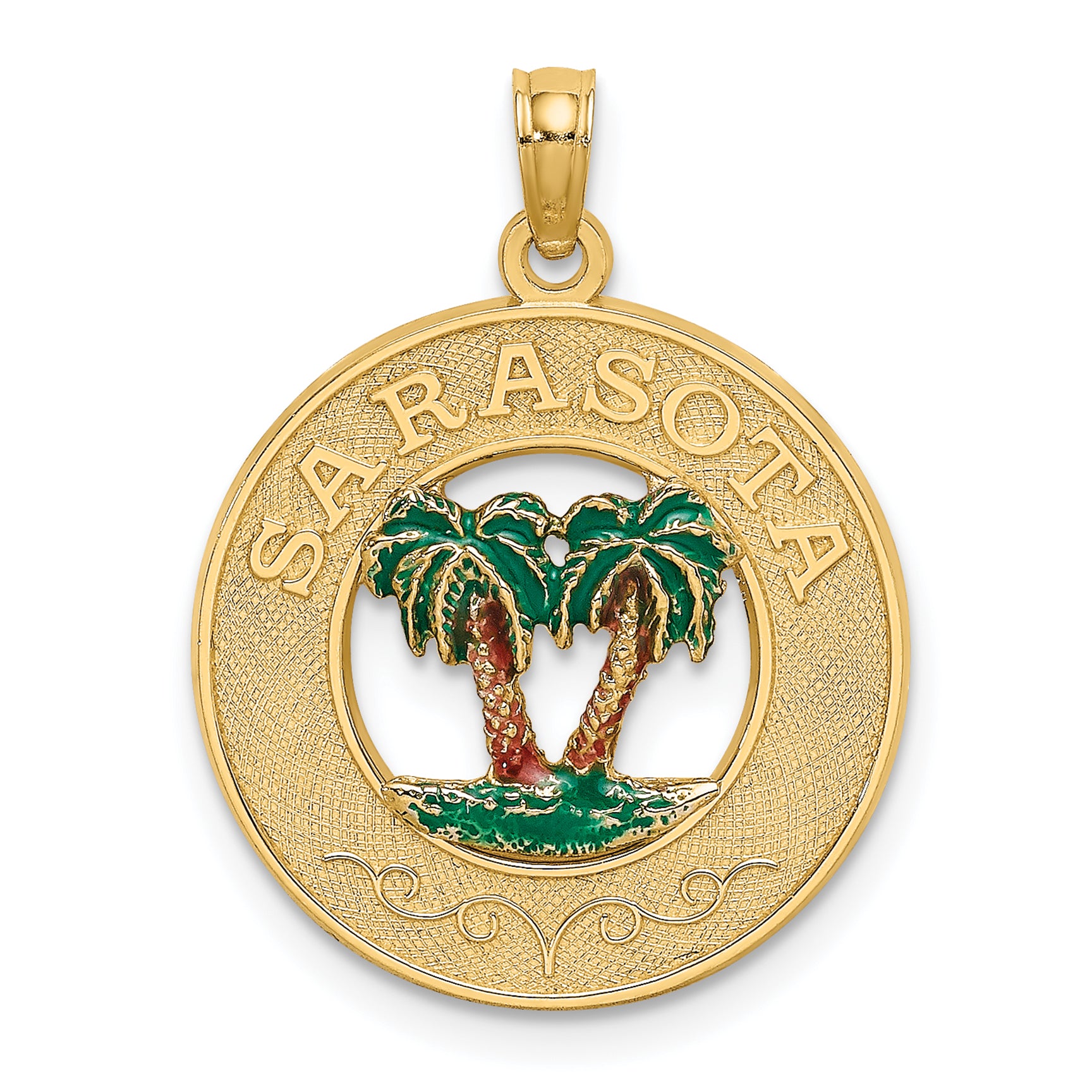 14K w/ Enamel SARASOTA Circle Palm Tree Charm